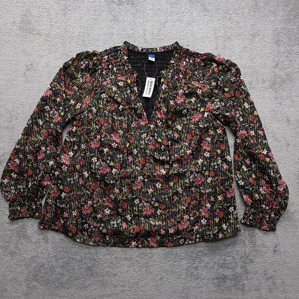 Old Navy Black Floral Button-Down Top with Pink & Green Print